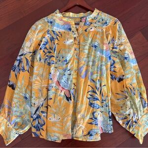 Anthropologie Yellow and Blue Parrot Print Top